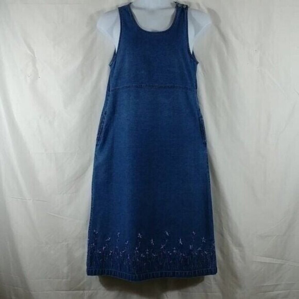 Original TY Wear Women's Blue Denim Floral Embroidered Knee Length Dress Size M
